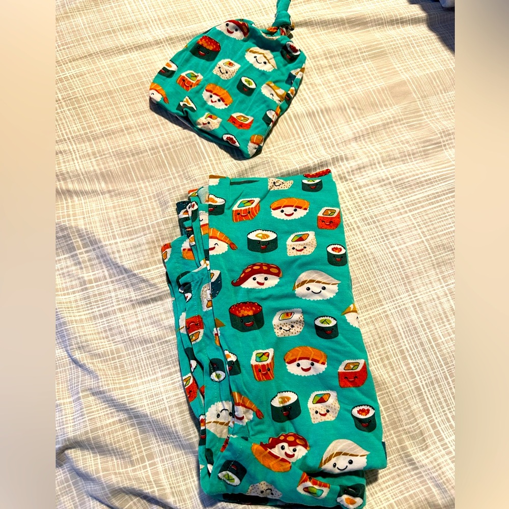 Little bum bum or bums and roses bamboo sushi swaddle and hat for baby